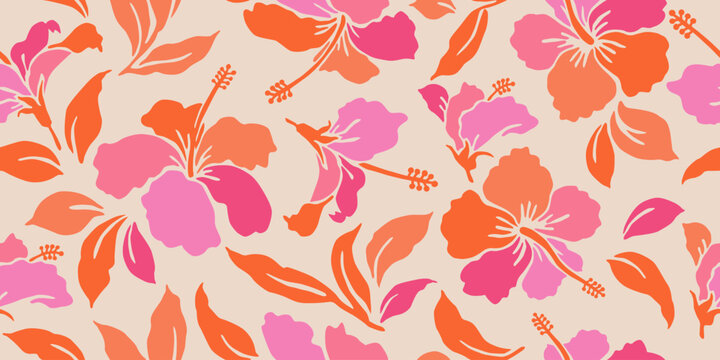 Fototapeta Exotic hand drawn tropical flowers print, seamless summer floral pattern for fabric, textiles, clothing, packaging, cover, banner, home decor, hawaiian backgrounds. Vector illustration.