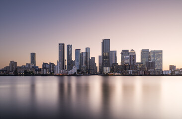 Canary Wharf at sunset, caught just as the buildings were putting on their lights.  Shot from the...