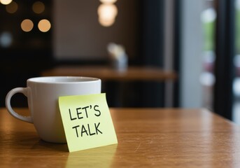 Lets talk message on sticky note by coffee cup in cafe