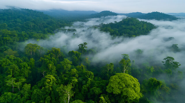 Cloudy morning over pine tree ridges and dark valley high resolution picture