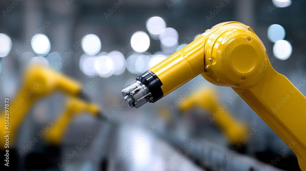 Poster this image showcases a close-up of a robotic arm. the bright yellow color stands out in a modern ind