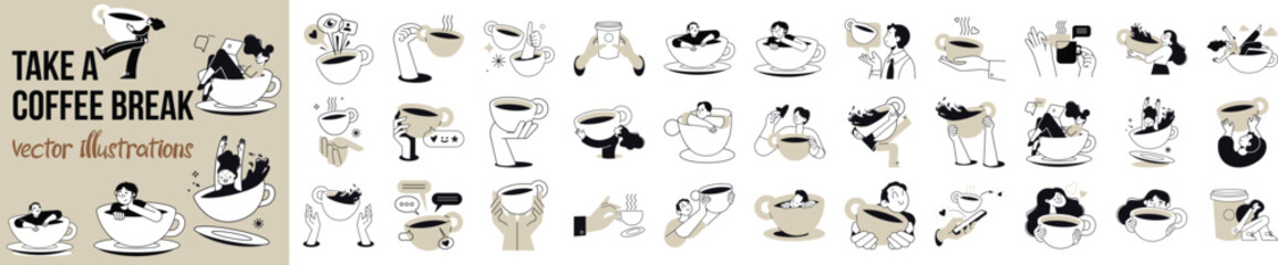 Vector illustrations of people enjoying free time, drinking coffee, daily routine, invitation to hang out, for social media stickers and posts, marketing, restaurants and coffee bars.
