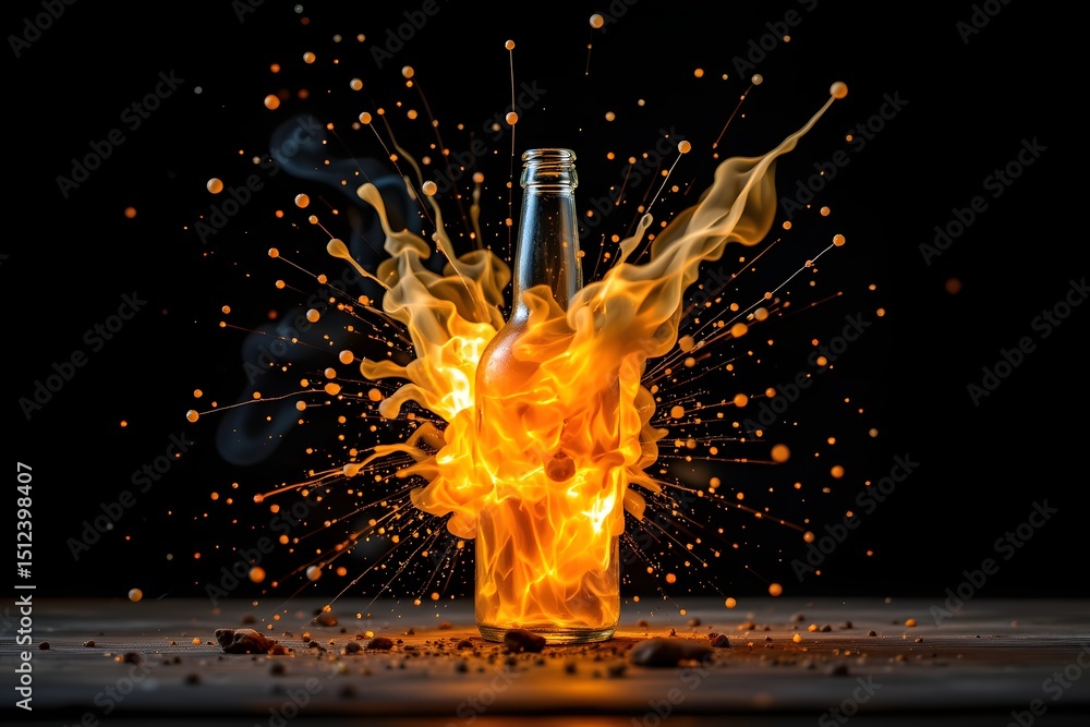 Poster exploding essence: an eye-catching photograph captures a moment of vibrant energy, with a bottle exp