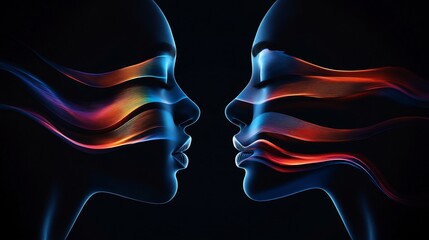 Abstract visualization of emotional intelligence colorful lightwaves interconnecting faces