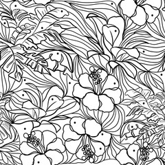 Hibiscus flowers in tropical leaves seamless doodle pattern vector illustration 