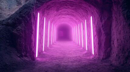 Obraz premium Immersive sci-fi tunnel with perfect geometric symmetry illuminated by glowing light strips forming a vibrant passageway