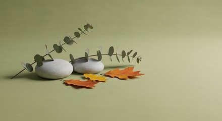 Stone with Eucalyptus and Autumn Leaves