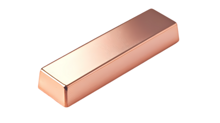 A shiny copper bar resting on a black surface with a smooth and reflective texture appearance shown isolated on transparent background
