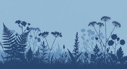 Blue Silhouette of Wildflower and Plant