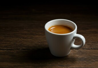 Obraz premium Minimalist Espresso Shot in White Ceramic Cup on Wooden Table with Moody Lighting