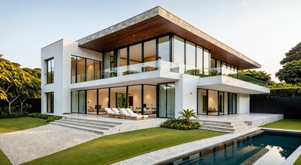 Fototapeta premium Luxury architecture with tropical landscaping, glass windows and elegant roofline