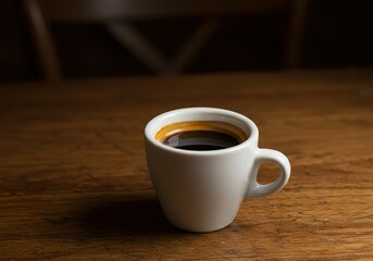 Minimalist Espresso Shot in White Ceramic Cup on Wooden Table with Moody Lighting

