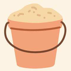 Cute beach bucket filled with sand, perfect vector for summer vacation graphics, kids playtime illustrations, and seaside holiday themes.