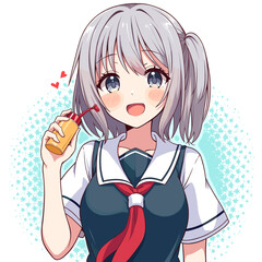 Anime. A young girl in a colorful outfit smiles while holding a juice box.