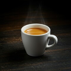 Fototapeta premium Minimalist Espresso Shot in White Ceramic Cup on Wooden Table with Moody Lighting