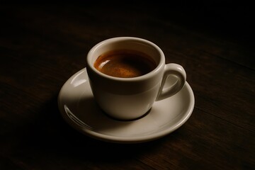 Minimalist Espresso Shot in White Ceramic Cup on Wooden Table with Moody Lighting

