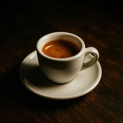 Fototapeta premium Minimalist Espresso Shot in White Ceramic Cup on Wooden Table with Moody Lighting