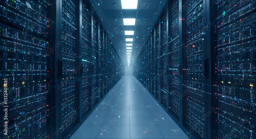 Poster exploring the vast landscape of a modern data center rows of powerful servers illuminate the path to