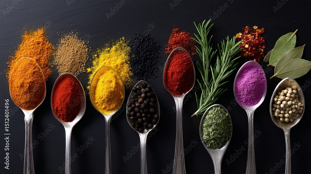 Poster a vibrant collection of spices displayed in silver spoons. each spoon holds a different colorful spi