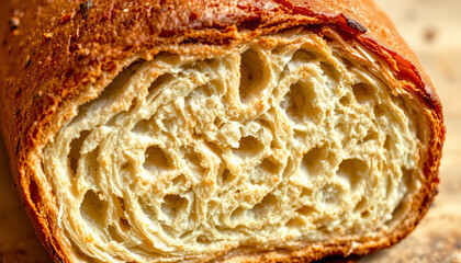 Close up of fresh crusty bread with soft airy texture and golden brown crust