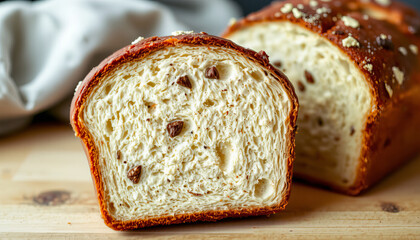 Soft chocolate chip bread slice with golden crust on wooden table