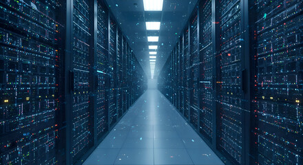 Fototapeta premium Exploring the vast landscape of a modern data center rows of powerful servers illuminate the path to digital innovation