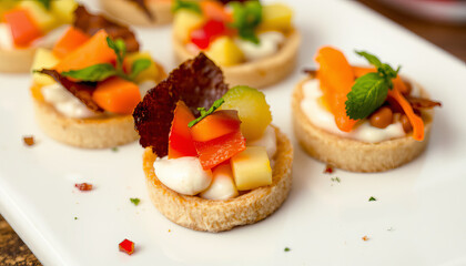 Colorful bite sized appetizers with fresh vegetables and creamy topping on white plate