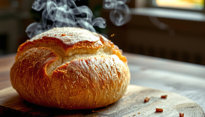 Freshly baked bread with steam escaping on wooden board in warm light