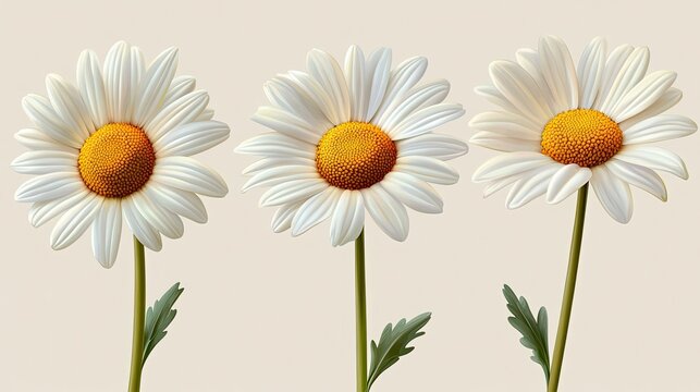 Three vibrant daisy flowers stand tall celebrating simple beauty and a sense of cheerful optimism against a creamy light