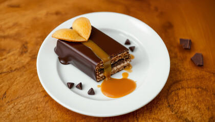 Chocolate dessert with caramel sauce and heart shaped cookie on white plate on wooden table