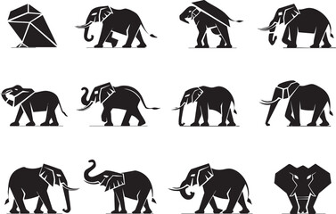 Fototapeta premium Minimal Black Elephant and Mammoth Vector Collection with Geometric Flat Line Art Design