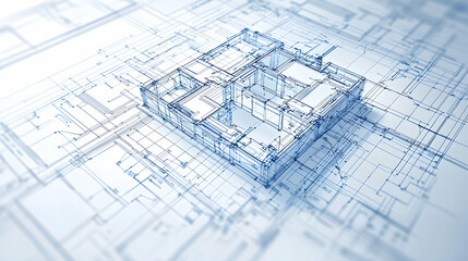 Abstract 3D Cube Design Over Architectural Blueprint