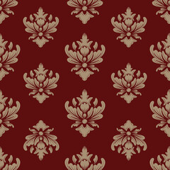 Damask seamless pattern with light brown flowers and red background, vintage design, vector illustration elegant for textile, wall paper, curtains, rug, cushion cover, bedding, upholstery fabric