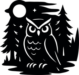 Cartoon owl illustration on a white background with big eyes and a wing