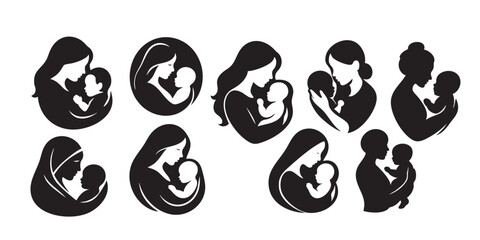 Fototapeta premium Mother holding baby silhouette set vector illustration