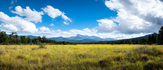 Fototapeta premium Panoramic View Of Lush Meadowland With Distant Mountains Under Sunny Sky
