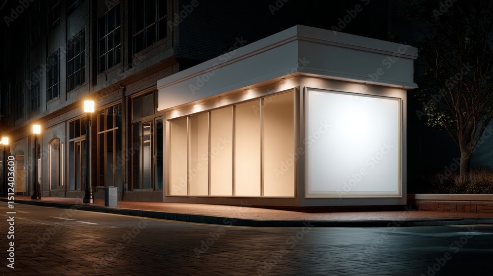 Aufkleber brightly lit storefront stands empty along a dimly lit urban street. pedestrian lights illuminate th