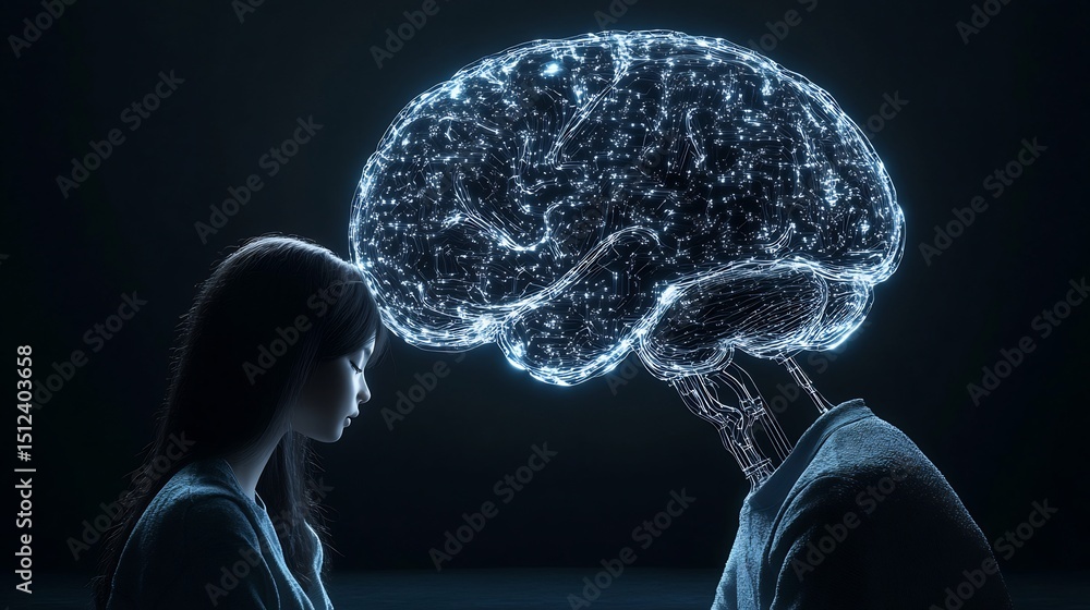 Poster ai powered learning portrayed a brain matrix illuminated by digital runes