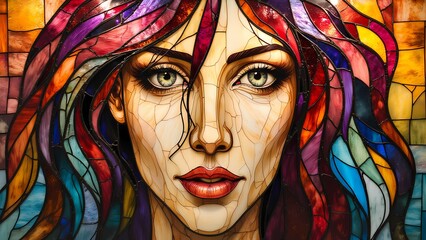 Weathered Wooden colorful Sculpture of a Woman's Face