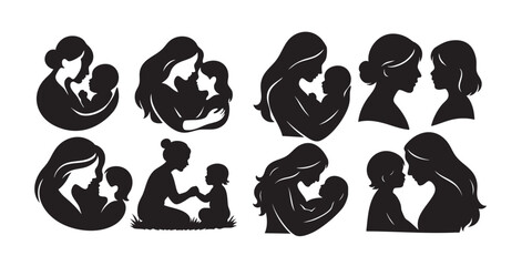 Obraz premium Mother and child bonding silhouette set vector illustration