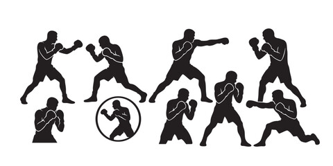 Boxer in fighting stance silhouette set vector illustration