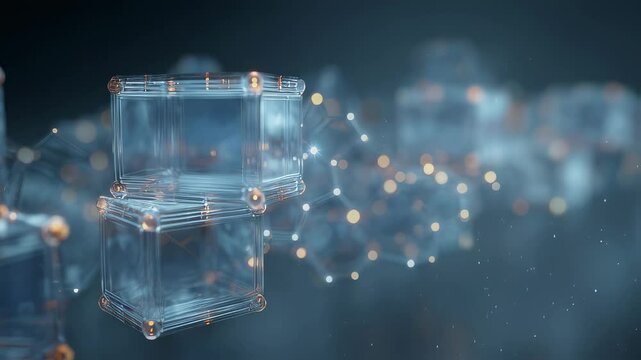 Crystal monomers stored in transparent containers reveal complex network of interconnected nodes, symbolizing innovative potential of fundamental scientific building blocks against blue background