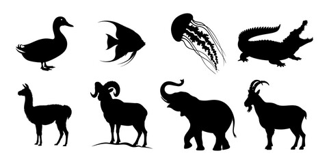 Silhouette collection featuring a duck, fish, jellyfish, crocodile, llama, ram, elephant, and goat