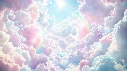 Gentle cloudscape featuring soft pastel tones of pink, lavender, and light blue blending smoothly across the sky