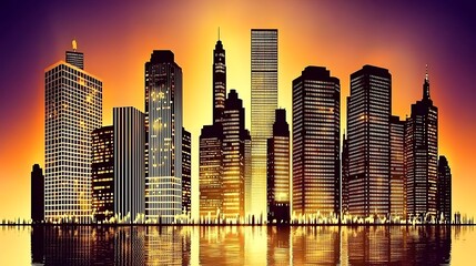 City skyline silhouette outlined sharply against a vibrant dusk sky blending deep orange and soft purple hues