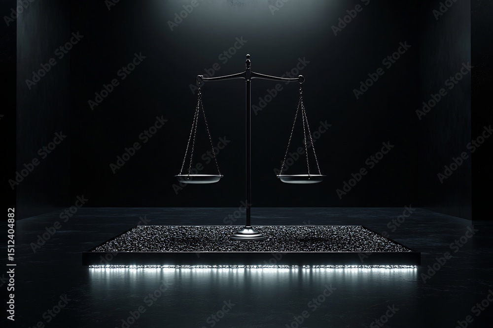 Poster Algorithmic bias visualized unbalanced glowing scales in a fragmented codebase