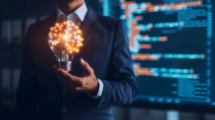 Businessman holding a glowing light bulb representing innovation and ideas in a digital world. - Powered by Adobe