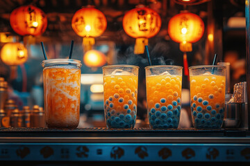 glasses of orange juice on a bar.