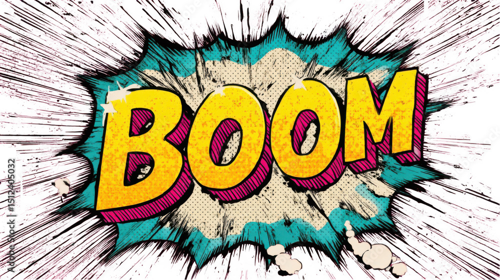 Poster comic book explosion with the word boom in a colorful speech bubble with a retro halftone dotted tex