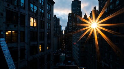 Sun slowly disappearing behind dark city buildings creating a dramatic skyline silhouette with soft sunset glow